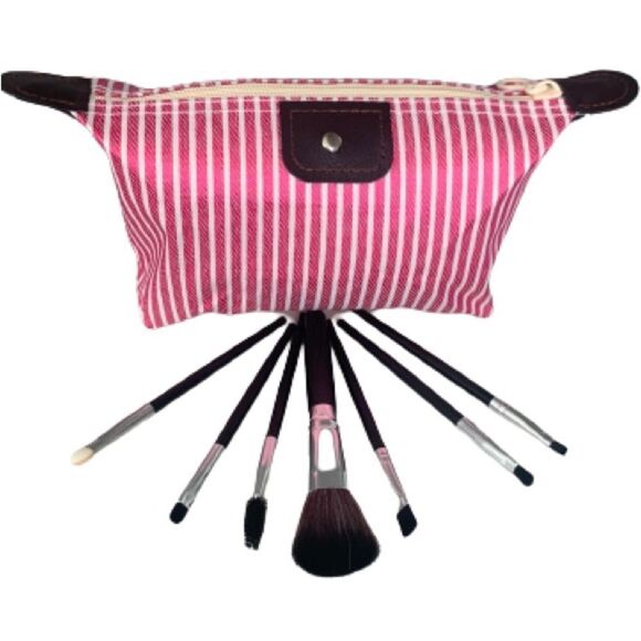Pink Striped Zippered Canvas Bag w/ Travel Makeup Brush Set, Organizer Pouch NEW - Picture 1 of 8